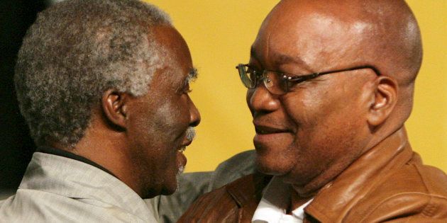 Thabo Mbeki and Jacob Zuma embrace at the ANC's national conference at Polokwane in 2007.