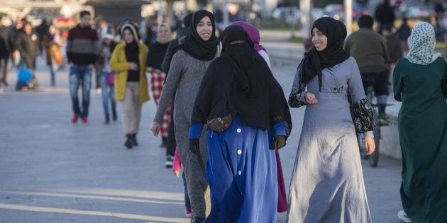 Moroccan women walking in the capital Rabat.