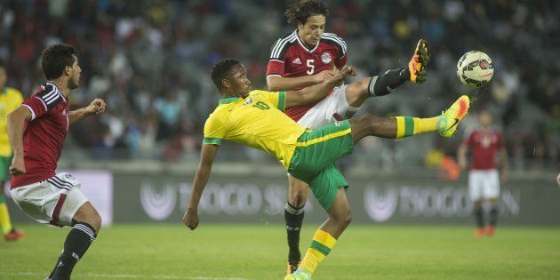 Sibusiso Vilakazi in action for Bafana Bafana against Egypt's Ibrahim Salah during a friendly match at Orlando Stadium in Johannesburg, on September 6 2016.