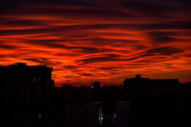 Strange clouds appeared during the Milan sunset, in Italy on 29 October 2017.