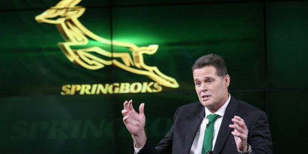 South Africa's rugby team new coach Rassie Erasmus gestures during a media briefing in Johannesburg, March 1 2018.