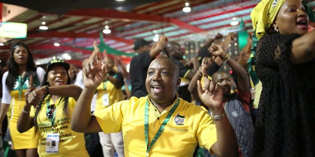 Delegates sing and chant slogans during the ANC's 54th National Conference at the Nasrec Expo Centre in Johannesburg, South Africa, on December 17 2017.