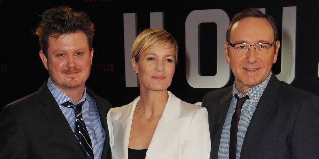LONDON, ENGLAND - FEBRUARY 26: Beau Willimon, Robin Wright and Kevin Spacey attend the World Premiere of 'House of Cards' Season 3 at The Empire Cinema on February 26, 2015 in London, England. (Photo by Dave J Hogan/Getty Images)