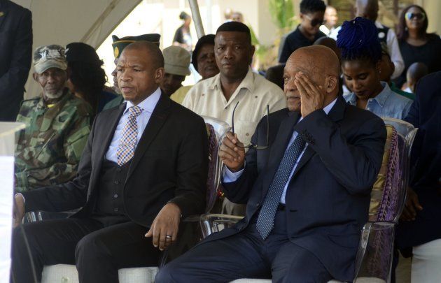 Supra Mahumapelo and Jacob Zuma during the unveiling of a monument dedicated to Zuma at the Groot Marico site on October 05 2017 in North West.