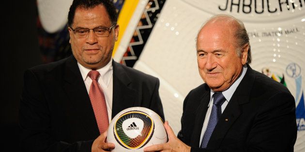 Mr Danny Jordan, Chairman of the Local Organising Committee (LOC) of ... Association (FIFA) South Africa 2010 World Cup and FIFA President Joseph Sepp Blatter at the launch of the FIFA 2010 World Cup South Africa Adidas Jabulani ball (Photo by AMA/Corbis via Getty Images)