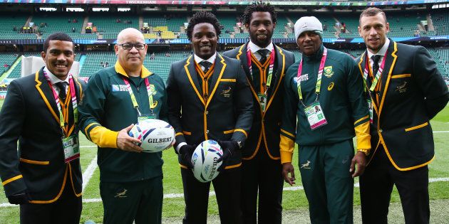 Siya Kolisi (3rd from left) with fellow squad members before the Rugby World Cup quarterfinal between South Africa and Wales at Twickenham Stadium on October 17 2015 in London, England.