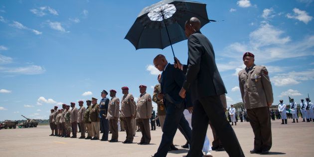 President Jacob Zuma during the Mandela Commemoration Medal Parade at the Waterkloof Airforce Base on December 7, 2014 in Pretoria, South Africa.