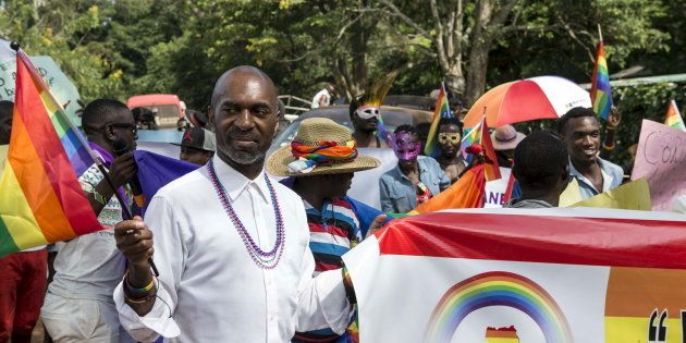 Members of the LGBTI community parade in Entebbe, Uganda, August 8, 2015. The community was celebrating one year since the Anti-Homosexuality Act was annulled by Uganda's constitutional court, which previously carried a death sentence.