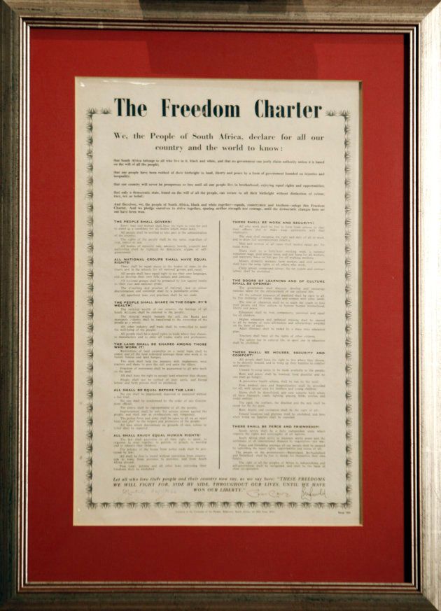 The original copy of the Freedom Charter is seen during a ceremony in Rivonia, Johannesburg May 7, 2010. The document drawn up in 1955 and which formed the basis of South Africa's post-apartheid constitution was bought at an auction by a group of philanthropists at an auction in London. REUTERS/Siphiwe Sibeko