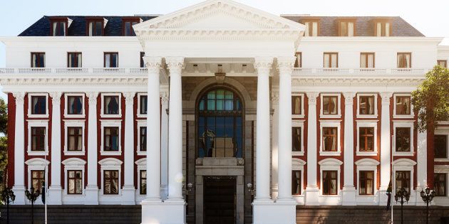 Façade of the South African parliament building which houses the National Assembly chamber in the Parliament precinct in Cape Town.