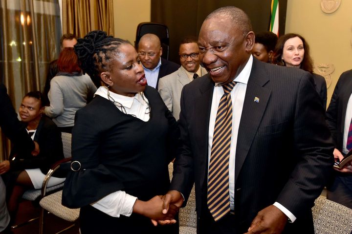 Chairperson of the South African National Editors' Forum (Sanef) and political editor at News24, Mahlatse Mahlase, and President Cyril Ramaphosa.