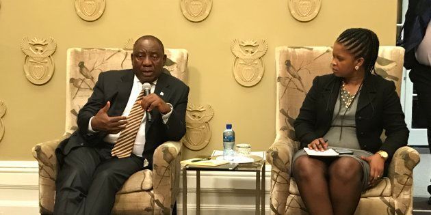 President Cyril Ramaphosa and his spokesperson, Khusela Diko, during the meeting with editors at Tuynhuys on Thursday.