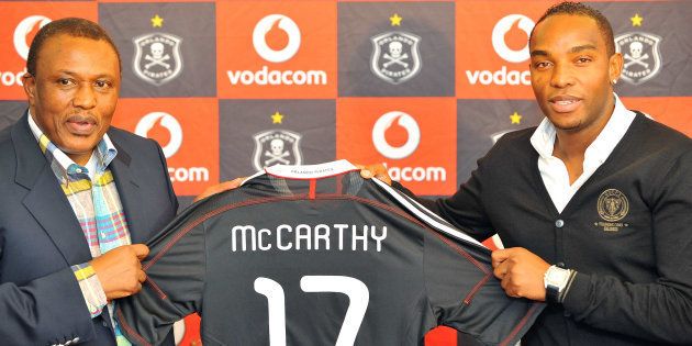 Orlando Pirates chairman Irvin Khoza poses with Benni McCarthy during a press conference as McCarthy is unveiled as the Orlando Pirates new signing, on a two year deal, on August 02, 2011 in Johannesburg, South Africa.