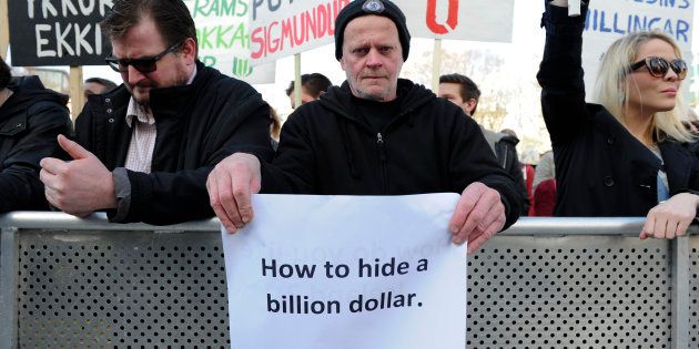 People demonstrate against Iceland's Prime Minister Sigmundur Gunnlaugsson in Reykjavik, Iceland on April 4, 2016 after a leak of documents by so-called Panama Papers stoked anger over his wife owning a tax haven-based company with large claims on the country's collapsed banks.