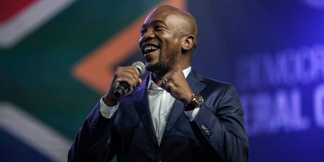 DA leader Mmusi Maimane addresses the crowd during the annual congress in Pretoria on April 7, 2018.