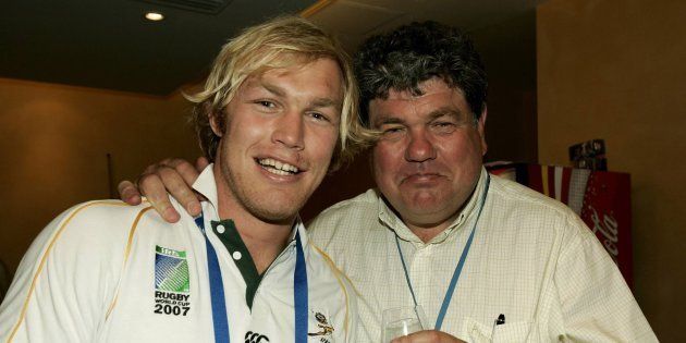 Schalk Burger of South Africa celebrates with his dad Schalk Snr during the Springboks victory celebration at their hotel on October 20, 2007 in Paris, France. England lost 6-15 to South Africa in the 2007 RWC Final.