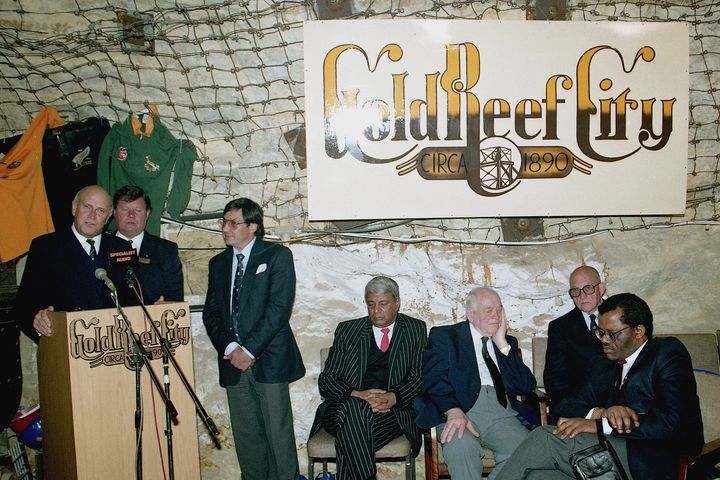 Forging unity in rugby: FW de Klerk, Ben Schutte, Ebrahim Patel, Danie Craven and Steve Tshwete pictured at Gold Reef City.