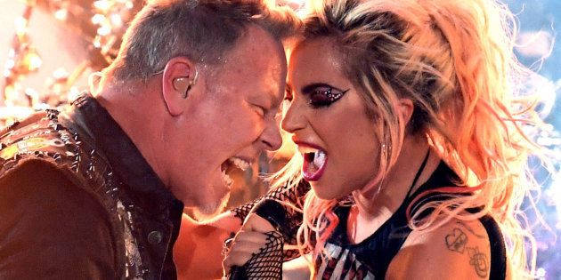 LOS ANGELES, CA - FEBRUARY 12: Recording artists James Hetfield (L) of music group Metallica and Lady Gaga perform onstage during The 59th GRAMMY Awards at STAPLES Center on February 12, 2017 in Los Angeles, California. (Photo by Kevin Winter/Getty Images for NARAS)