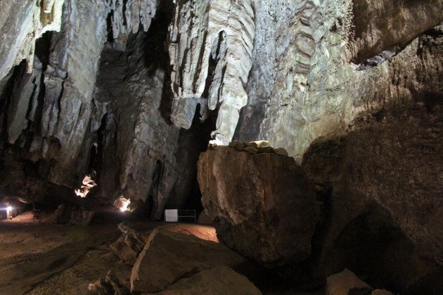 Sterkfontein, South Africa - August 9, 2015: Pillars of limestone hang from the ceiling of the Sterkfontein Caves, home of the major discovery of Plesianthropus transvaalensis (aka Mrs. Ples). The area is known as the Cradle of Humankind.