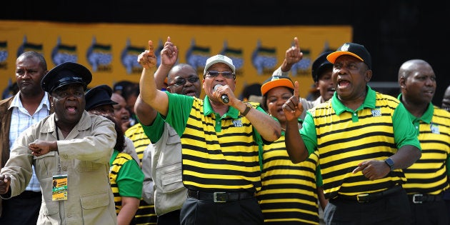 The current African National Congress (ANC) top six share a stage with Solly Moholo during the party's manifesto launch at the Nelson Mandela Bay Stadium on April 16, 2016 in Port Elizabeth.