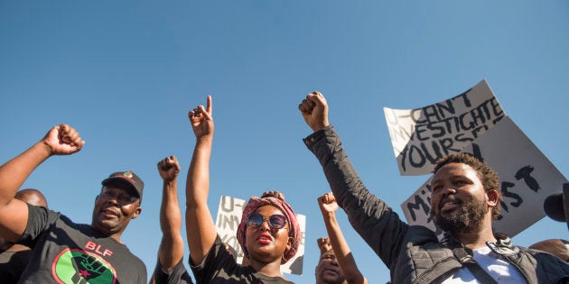 Black Land First (BLF) members led by Andile Mngxitama and Zanele Lwaini protests outside MiWay Insurance headquarters on July 21, 2017 in Centurion, South Africa.