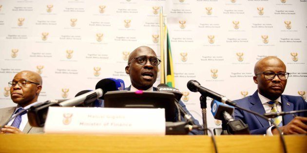 Finance Minister Malusi Gigaba addresses the media before his medium-term budget speech in Parliament on 25 October 2017, in Cape Town, South Africa.