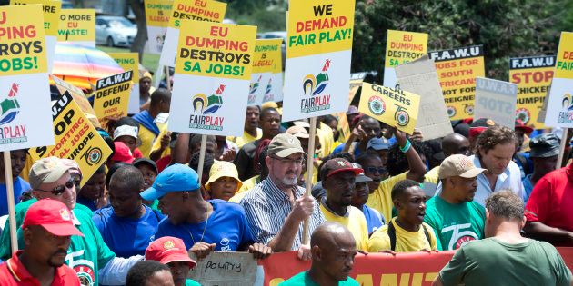 Food and Allied Workers Union members march to the European Union embassy on February 1, 2017 in Pretoria, demanding a halt to the chicken imports that have led to the local poultry industry job loss crisis.