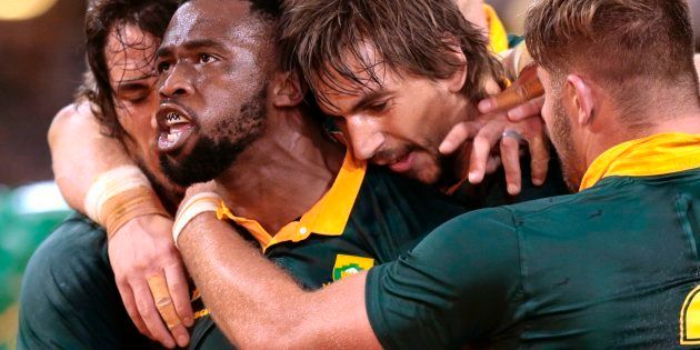 Siya Kolisi celebrates after scoring a try against France on June 17 2017, in Durban.