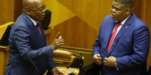 President Jacob Zuma shares a word with Energy minister David Mahlobo during his Question and Answer session at the National Assembly on November 02, 2017 in Cape Town, South Africa