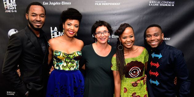 LOS ANGELES, CA - JUNE 13: (L-R) Actor OC Ukeje, producer Terry Pheto, director Sara Blecher and actors Fulu Moguvhani and Thomas Gumede attend the