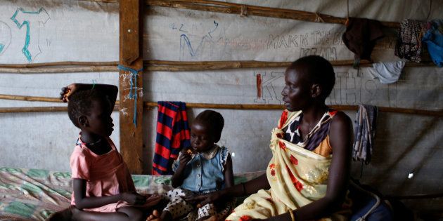 Nyagonga Machul, 38, with her daughters Nyameer Mario, 6, (L) and Nyawan Mario, 4, in their home at the United Nations Mission in South Sudan (UNMISS) Protection of Civilian site (CoP) in Juba, South Sudan, February 15, 2017.