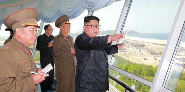 North Korean leader Kim Jong Un inspects the construction site of the Wonsan-Kalma coastal tourist area.