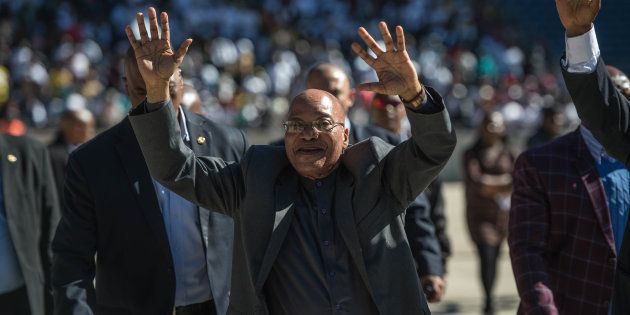 South African President Jacob Zuma waves at an event to commemorate the 40th anniversary of the June 1976 student uprising.