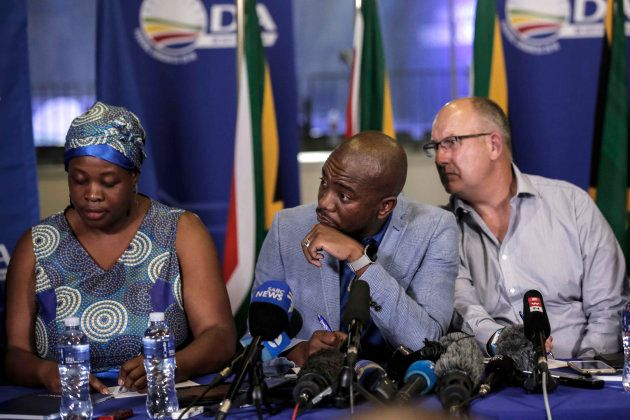 Mmusi Maimane with deputy chairperson Refiloe Nt'sekhe (left), and federal chairperson, Atholl Trollip after the party's federal congress in April.
