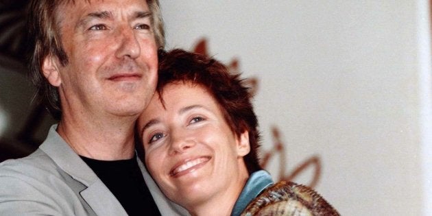 Alan Rickman and Emma Thompson embrace at the Venice Film Festival in 1997.