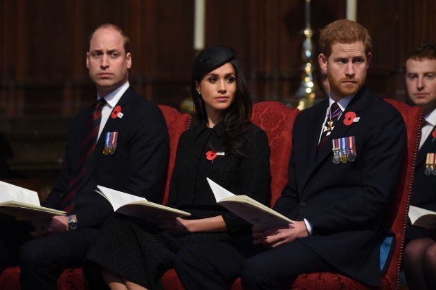 Prince William, Meghan Markle and Prince Harry attend an Anzac Day service at Westminster Abbey on April 25 2018.