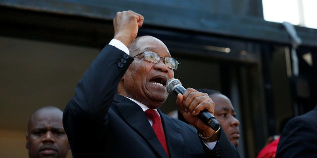 Former president Jacob Zuma addresses his supporters outside the High Court in Durban, South Africa, April 6, 2018.