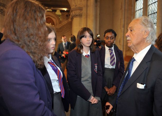 George Bizos talks to school pupils after he received the Freedom of the City of London award, in recognition of their fight for freedom and racial equality.