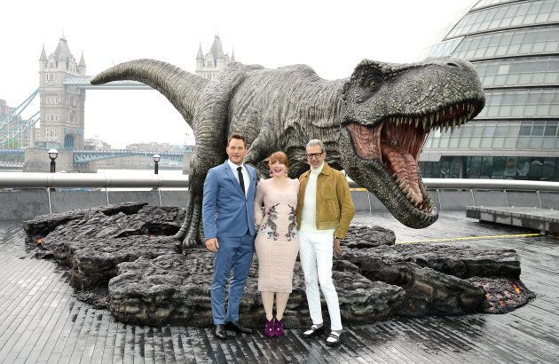 Chris Pratt (left), Bryce Dallas Howard and Jeff Goldblum (right) attending a photocall for Jurassic World: Fallen Kingdom, held at the More, London.