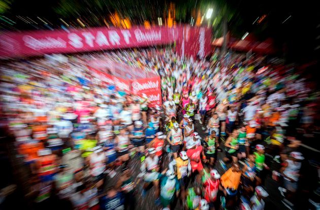 Runners get ready to start the Comrades Marathon on June 4 2017 in Durban.