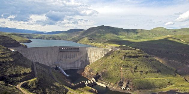 The Katse Dam in Lesotho, in February 2007. It is part of the Lesotho Highlands Water Project and supplies water to the Gauteng Province in South Africa. The dam is now less than half full.