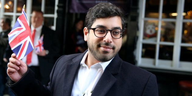 United Kingdom Independence Party (UKIP) leadership candidate Raheem Kassam poses as he arrives at a media conference.