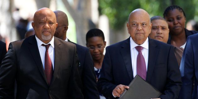 South African Finance Minister Pravin Gordhan and Deputy Finance Minister Mcebisi Jonas arrive for the 2017 Budget Speech at Parliament in Cape Town, South Africa, February 22, 2017.