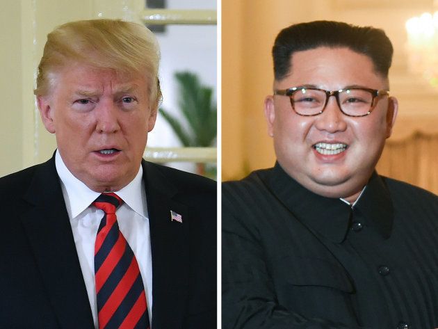 (COMBO) This combination of pictures shows a file photo taken on June 11, 2018 of US President Donald Trump (L) during his meeting with Singapore's Prime Minister Lee Hsien Loong (not pictured) at The Istana, the official residence of the prime minister, in Singapore; and a file image of North Korea's leader Kim Jong Un (R) during his meeting with the Singaporean leader the day before on June 10, 2018, in Singapore. - Kim Jong Un and Donald Trump will meet on June 12 for an unprecedented summit in an attempt to address the last festering legacy of the Cold War, with the US president calling it a 'one time shot' at peace. (Photos by SAUL LOEB and ROSLAN RAHMAN / AFP) (Photo credit should read SAUL LOEB,ROSLAN RAHMAN/AFP/Getty Images)