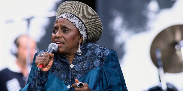 The late prominent South African singer Miriam Makeba singing at the Nelson Mandela Freedom Festival at Clapham Common in London.