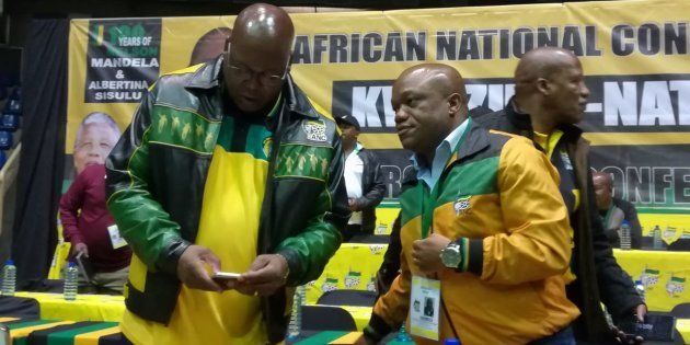 Mike Mabuyakhulu and Sihle Zikalala on stage in front of ANC delegates in Empangeni, where the party's elective conference was supposed to take place.