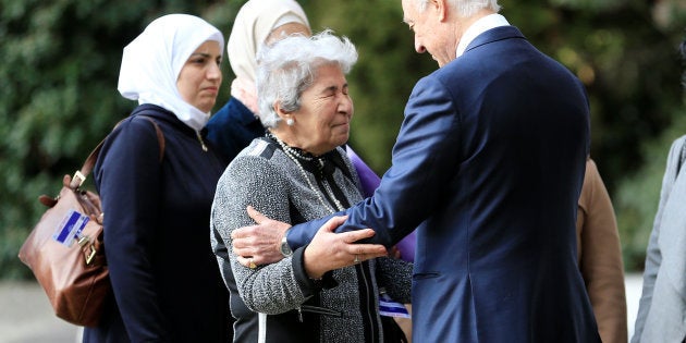 U.N. mediator for Syria Staffan de Mistura meets a group of women whose family members have either been detained by Syrian authorities or abducted by armed groups, or simply missing, outside the United Nations office during the Geneva IV conference on Syria, in Geneva Switzerland, February 23, 2017.