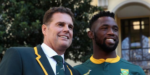 Siya Kolisi, the first black African captain of the Springboks, poses with head coach Rassie Erasmus at the Pivot Hotel on June 8 2018, in Montecasino, Fourways.