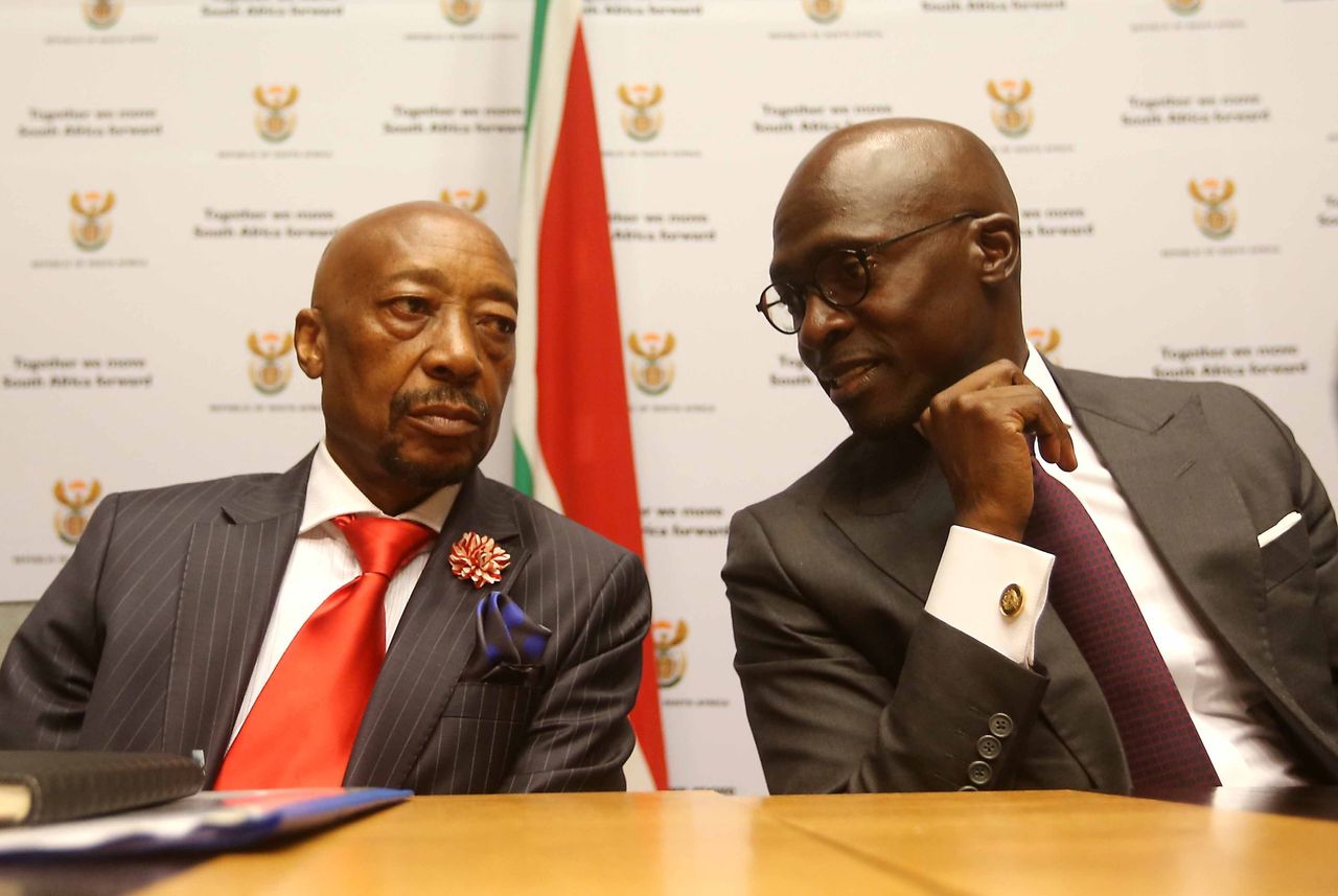 CAPE TOWN, SOUTH AFRICA ï¿½ FEBRUARY 21: Finance Minister Malusi Gigaba and SARS commissioner Tom Moyane during a media briefing ahead of the 2018 budget speech on February 21, 2018 in Cape Town, South Africa. Delivering his first annual budget speech since his appointment as Finance minister, Gigaba shed light on South Africaï¿½s economic road map. (Photo by Gallo Images / Sunday Times / Esa Alexander)