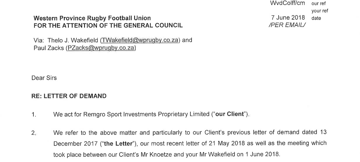 An extract from the letter by attorneys ENSAfrica on behalf of Remgro to the Western Province Rugby Football Union.